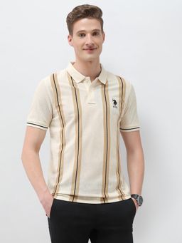 U.S. POLO ASSN. - Men'S Vertical Striped Sotogrande Slim Fit Beige T-Shirt