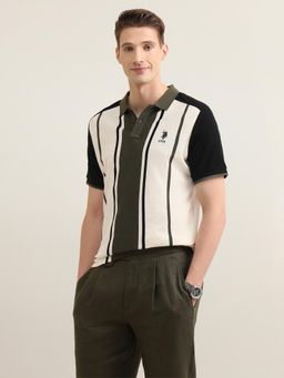 U.S. POLO ASSN. - Men'S Vertical Beige Striped Colorblocked Sotogrande Polo T-Shirt
