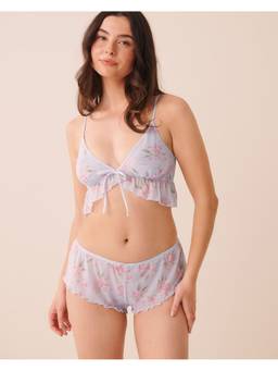 La Vie En Rose - Rose Print Mesh Bralette And Panty