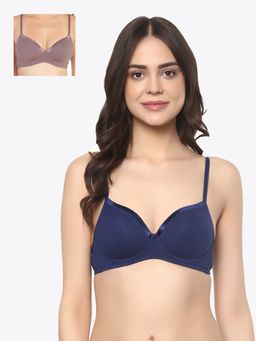 SOIE - Semi/Medium Coverage Padded Non-Wired Satin Panelled Cotton Spandex T-shirt Bra-Pack of 2-Multi-Color
