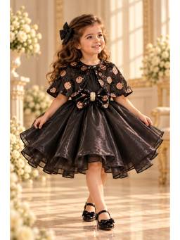Katibi Kids - Black Metallic Sequin Knee Length Dress With Cape