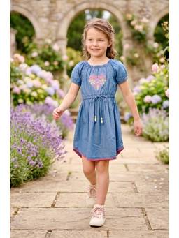 Lei Chie - Girls Embroidered Puff Sleeve Denim Knee Length Dress