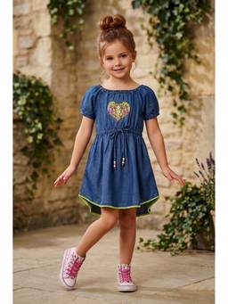 Lei Chie - Girls Embroidered Puff Sleeve Denim Blue Knee Length Dress