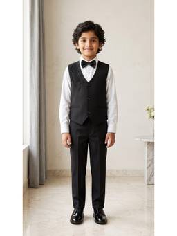 Ahhaaaa - Boys Black Waistcoat with Shirt Bow Tie and Pant for Kids