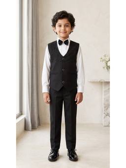Ahhaaaa - Boys Crisscross Work Black Waistcoat with Shirt Bow Tie and Pant for Kids