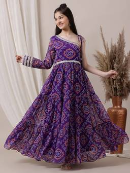 INDDUS - Girls One Shoulder Bandhini Printed Ethnic Maxi Dress