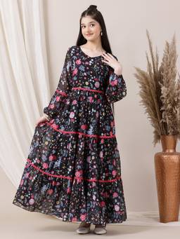 INDDUS - Girls Floral Printed Tiered Lace Up Ethnic Maxi Dress
