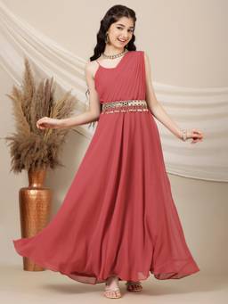 INDDUS - Girls Draped Ethnic Maxi Dress with Belt