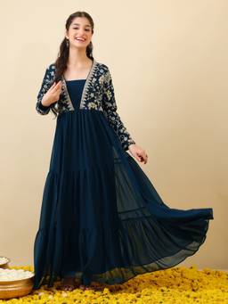 INDDUS - Girls Floral Zari and Sequinned Embroidered Ethnic Maxi Dress
