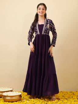 INDDUS - Girls Floral Zari and Sequinned Embroidered Ethnic Maxi Dress