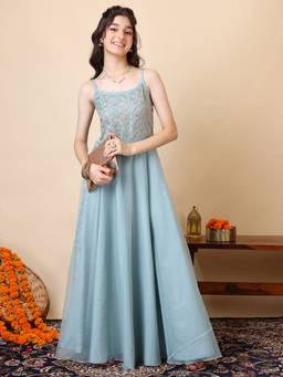 INDDUS - Girls Ethnic Motifs Zari and Mukaish Embroidered ethnic Maxi Dress