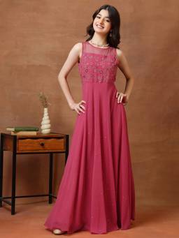 INDDUS - Girls Floral Thread and Sequinned Embroidered Ethnic Maxi Dress