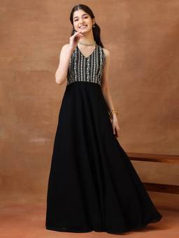 INDDUS - Girls Floral Zari and Sequinned Embroidered Ethnic Maxi Dress