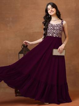 INDDUS - Girls Floral Zari and Sequinned Embroidered Ethnic Maxi Dress