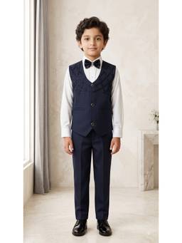 Ahhaaaa - Boys Crisscross Work Navy Blue Waistcoat with Shirt Bow Tie and Pant for Kids