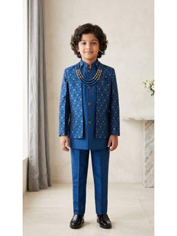 Ahhaaaa - Boys Indo Western Navy Blue Kurta & Pant with Nehru Jacket for Kids