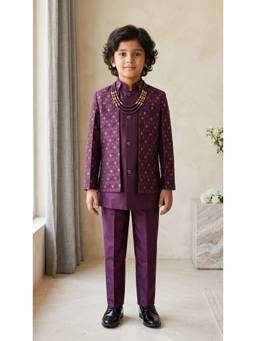 Ahhaaaa - Boys Indo Western Wine Kurta Pant Set with Jacket for Kids