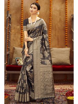 Sangam Prints - Black Cotton Woven Zari Work Traditional Tassel Saree with Unstitched Blouse