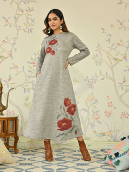 Rustorange - Grey Floral A-Line Woollen Maxi Dress