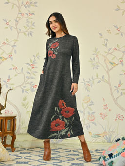 Rustorange - Black Floral A-Line Woollen Maxi Dress