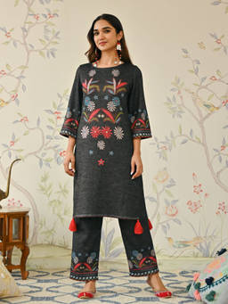 Rustorange - Black Tribal Woollen Kurta with Tassel Detailing