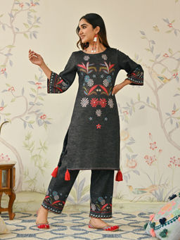 Rustorange - Black Tribal Woollen Kurta With Pants (Set of 2)