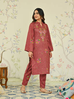 Rustorange - Maroon Phulkari Printed Woollen Kurta with Sequins Work