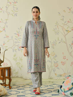 Rustorange - Grey Embroidered Woollen Kurta