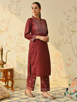 Rustorange - Maroon Embroidered & Monotone Woollen Kurta