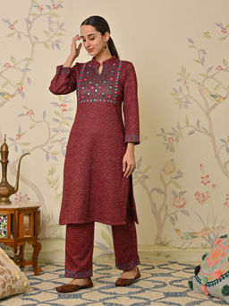 Rustorange - Maroon Kutch Embroidered Mirror Work Woollen Kurta