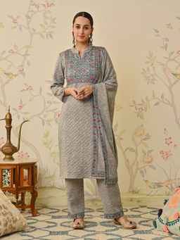 Rustorange - Grey Kutch Mirror Work Woollen Kurta With Pant & Dupatta (Set of 3)