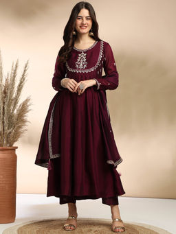 MOKOSH - Women Wine Embroidered Anarkali Kurta with Pant and Dupatta
