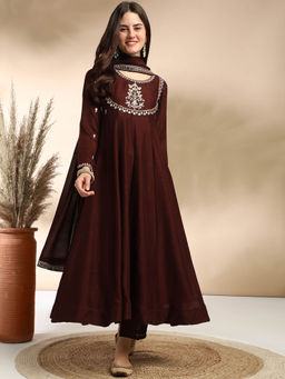 MOKOSH - Women Brown Embroidered Anarkali Kurta with Pant and Dupatta