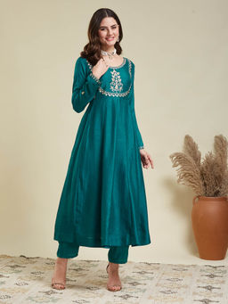 MOKOSH - Women Green Embroidered Anarkali Kurta with Pant and Dupatta