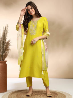 MOKOSH - Women Green Embroidered Kurta with Pant and Dupatta