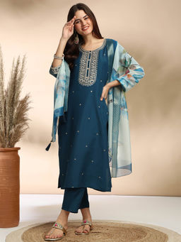 MOKOSH - Women Teal Embroidered Kurta with Pant and Dupatta
