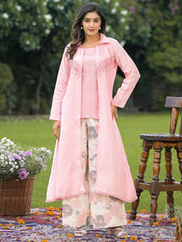 Autumnlane - Women Pink Solid/Plain Tunic with Palazzo and Jacket