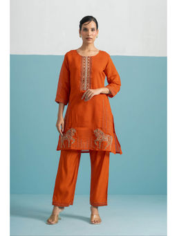 Autumnlane - Women Rust Embroidered Co-Ord Set