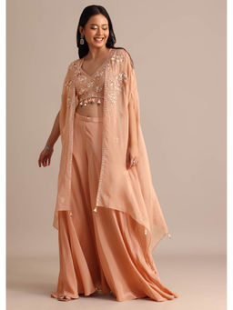 KALKI FASHION - Women Peach Embroidered Crop Top with Palazzo and Cape