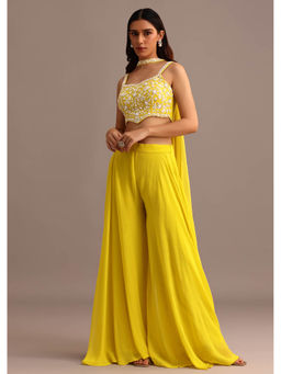 KALKI FASHION - Women Yellow Embroidered Crop Top with Palazzo and Dupatta