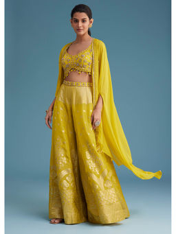 KALKI FASHION - Women Yellow Embroidered Crop Top with Palazzo and Cape