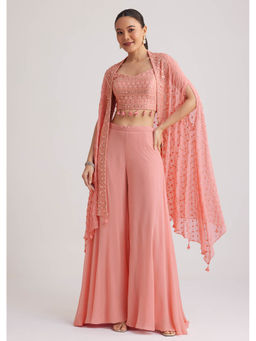 KALKI FASHION - Women Pink Embroidered Crop Top with Palazzo and Cape