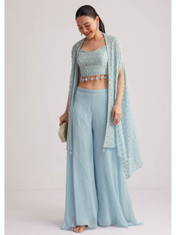 KALKI FASHION - Women Blue Embroidered Crop Top with Palazzo and Cape