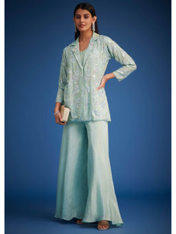 KALKI FASHION - Women Blue Embellished/Sequined Crop Top with Palazzo and Jacket