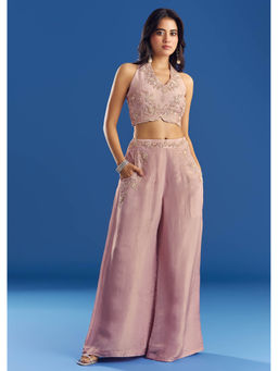 KALKI FASHION - Women Pink Embroidered Crop Top with Palazzo