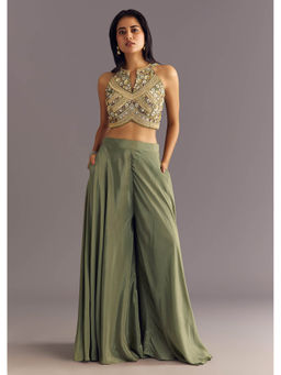 KALKI FASHION - Women Green Embroidered Crop Top with Palazzo