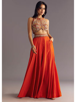 KALKI FASHION - Women Orange Embroidered Crop Top with Palazzo