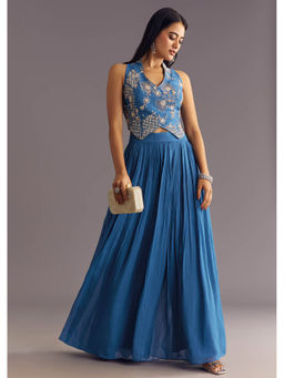 KALKI FASHION - Women Blue Embroidered Crop Top with Palazzo