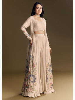 KALKI FASHION - Women Beige Embroidered Crop Top with Palazzo and Shrug