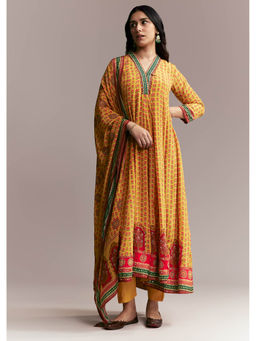 KALKI FASHION - Women Yellow Floral Anarkali Kurta with Pant and Dupatta